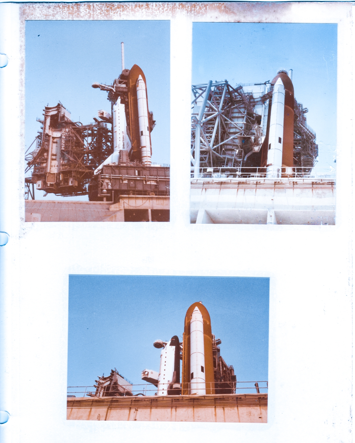 Space Shuttle Discovery, initial rollout to Launch Complex 39-A, Kennedy Space Center, Florida, prior to its first launch, viewed from the access road leading to the high-pressure gas facility on the east side of the pad. Top Left & Bottom: The RSS is in the demate position and the Orbiter Access Arm is being retracted prior to backing the MLP and Space Shuttle Stack off of the MLP Mount Pedestals and then resetting the MLP, to correct a slight mislocation in initially setting the MLP on the Pedestals. Top Right: Later in the day, with the MLP correctly set, and the RSS in the mate position.